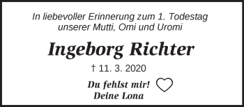 Traueranzeige von Ingeborg Richter von Märkische Oderzeitung