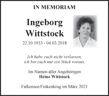 Traueranzeige von Ingeborg Wittstock von Märkische Oderzeitung