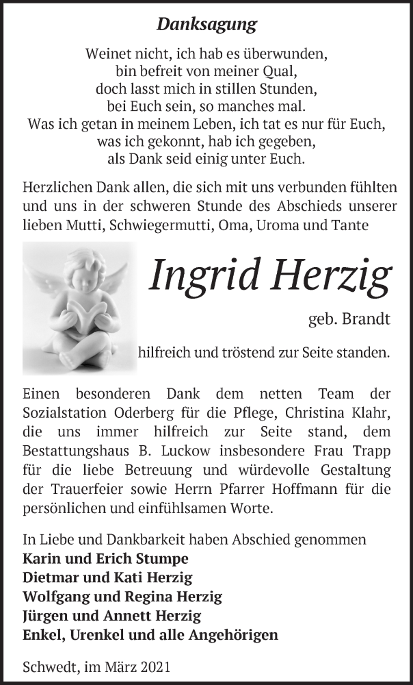  Traueranzeige für Ingrid Herzig vom 31.03.2021 aus Märkische Oderzeitung
