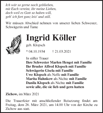 Traueranzeige von Ingrid Köller von Märkische Oderzeitung