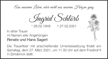 Traueranzeige von Ingrid Schlörb von Märkische Oderzeitung