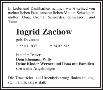 Traueranzeige von Ingrid Zachow von Märkische Oderzeitung