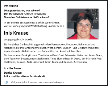 Traueranzeige von Inis Krause von Märkische Oderzeitung