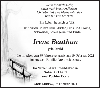 Traueranzeige von Irene Beuthan von Märkische Oderzeitung