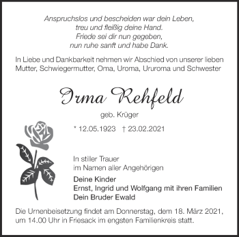 Traueranzeige von Irma Rehfeld von Märkische Oderzeitung