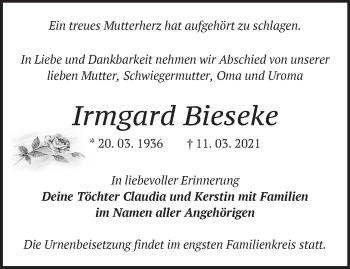 Traueranzeige von Irmgard Bieseke von Märkische Oderzeitung