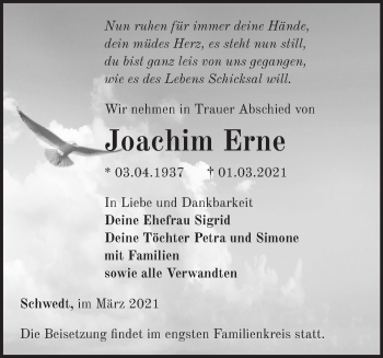 Traueranzeige von Joachim Erne von Märkische Oderzeitung