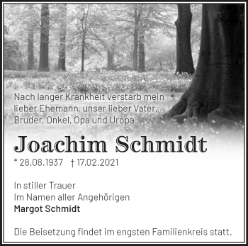 Traueranzeige von Joachim Schmidt von Märkische Oderzeitung