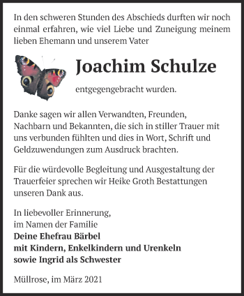 Traueranzeige von Joachim Schulze von Märkische Oderzeitung