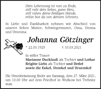 Traueranzeige von Johanna Göttinger von Märkische Oderzeitung