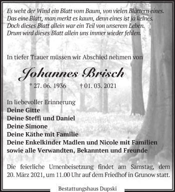 Traueranzeige von Johannes Brisch von Märkische Oderzeitung