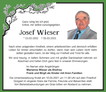 Traueranzeige von Josef Wieser von Märkische Oderzeitung