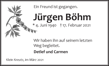 Traueranzeige von Jürgen Böhm von Märkische Oderzeitung