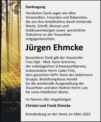 Traueranzeige von Jürgen Ehmcke von Märkische Oderzeitung