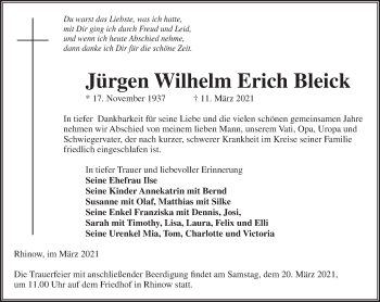 Traueranzeige von Jürgen Wilhelm Erich Bleick von Märkische Oderzeitung