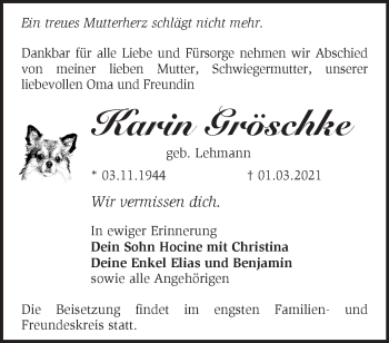 Traueranzeige von Karin Gröschke von Märkische Oderzeitung