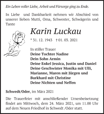 Traueranzeige von Karin Luckau von Märkische Oderzeitung