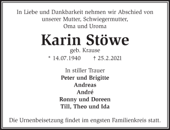 Traueranzeige von Karin Stöwe von Märkische Oderzeitung