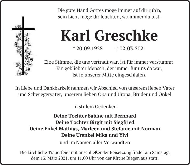  Traueranzeige für Karl Greschke vom 06.03.2021 aus Märkische Oderzeitung