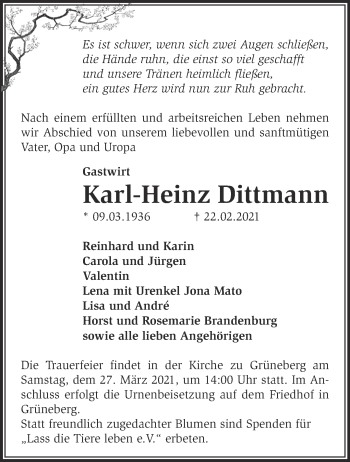 Traueranzeige von Karl-Heinz Dittmann von Märkische Oderzeitung