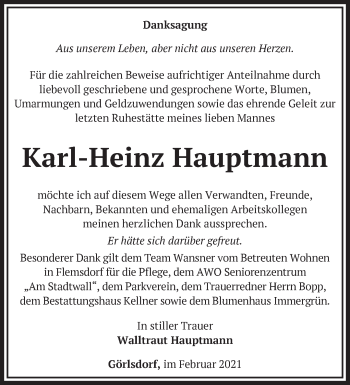 Traueranzeige von Karl-Heinz Hauptmann von Märkische Oderzeitung