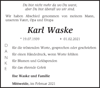 Traueranzeige von Karl Waske von Märkische Oderzeitung