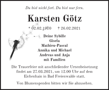 Traueranzeige von Karsten Götz von Märkische Oderzeitung