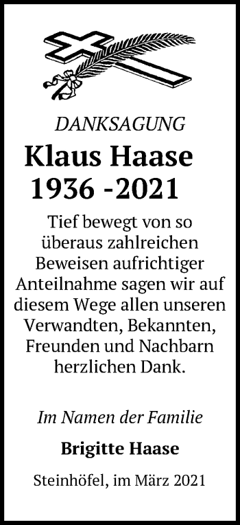 Traueranzeige von Klaus Haase von Märkische Oderzeitung