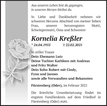Traueranzeige von Kornelia Kreßler von Märkische Oderzeitung