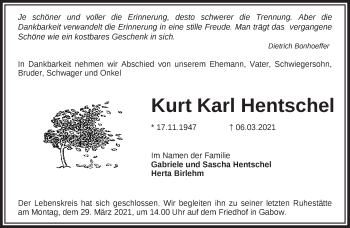 Traueranzeige von Kurt Karl Hentschel von Märkische Oderzeitung