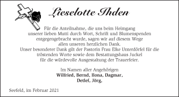 Traueranzeige von Lieselotte Ihden von Märkische Oderzeitung