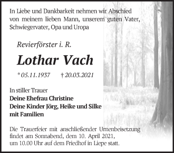 Traueranzeige von Lothar Vach von Märkische Oderzeitung