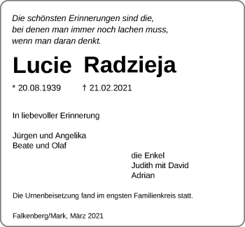 Traueranzeige von Lucie Radzieja von Märkische Oderzeitung