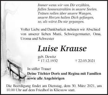 Traueranzeige von Luise Krause von Märkische Oderzeitung