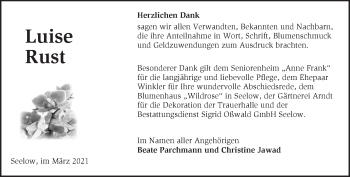 Traueranzeige von Luise Rust von Märkische Oderzeitung