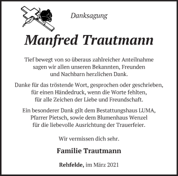 Traueranzeige von Manfred Trautmann von Märkische Oderzeitung