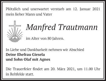 Traueranzeige von Manfred Trautmann von Märkische Oderzeitung