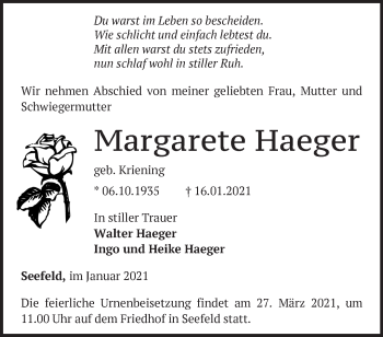 Traueranzeige von Margarete Haeger von Märkische Oderzeitung