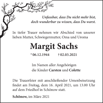 Traueranzeige von Margit Sachs von Märkische Oderzeitung