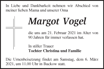 Traueranzeige von Margot Vogel von Märkische Oderzeitung