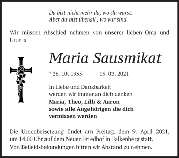 Traueranzeige von Maria Sausmikat von Märkische Oderzeitung