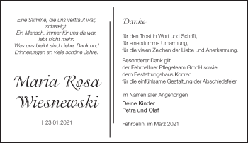 Traueranzeige von Maria Rosa Wiesnewski von Märkische Oderzeitung