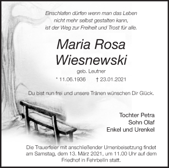 Traueranzeige von Maria Rosa Wiesnewski von Märkische Oderzeitung