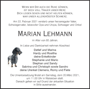 Traueranzeige von Marian Lehmann von Märkische Oderzeitung