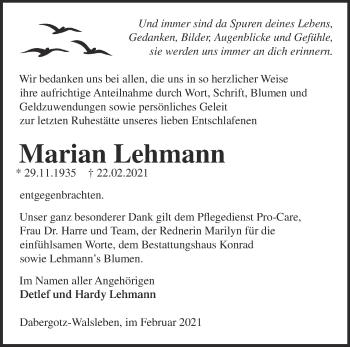 Traueranzeige von Marian Lehmann von Märkische Oderzeitung