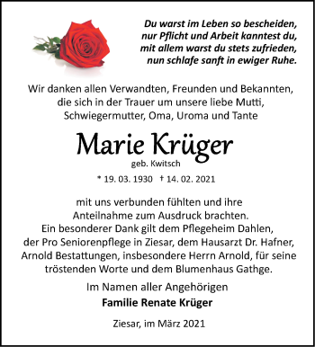 Traueranzeige von Marie Krüger von Märkische Oderzeitung