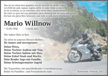 Traueranzeige von Mario Willnow von Märkische Oderzeitung