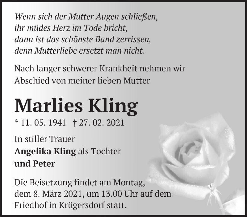 Traueranzeige für Marlies Kling vom 03.03.2021 aus Märkische Oderzeitung