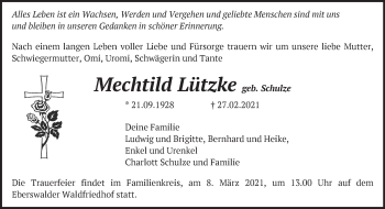 Traueranzeige von Mechtild Lützke von Märkische Oderzeitung