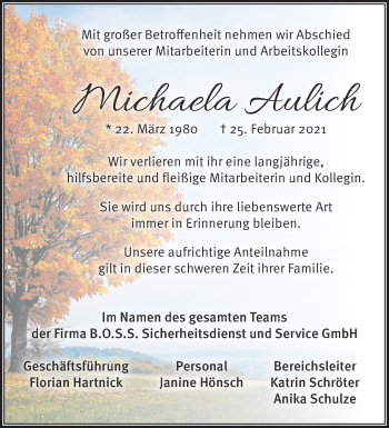 Traueranzeige von Michaela Aulich von Märkische Oderzeitung